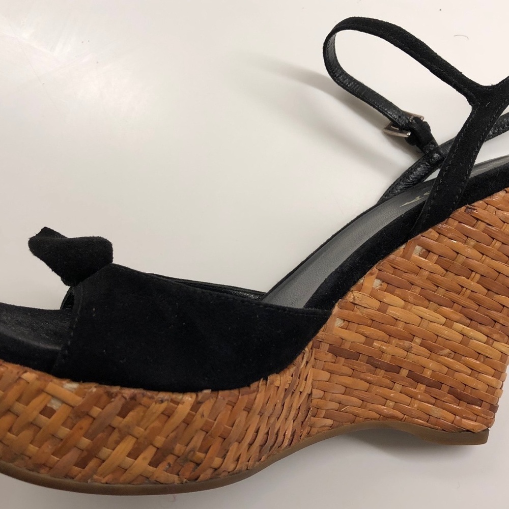 PRADA BLACK SUEDE + WICKER WEDGE PEEP TOE SANDALS - Picture 5 of 8